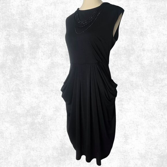 BCBGMAXAZRIA Black Draped Sheath Dress – M | Beaded Collar + Pockets | Luxe Glam - Picture 3 of 9
